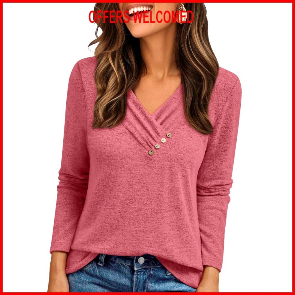 Long Sleeve V-Neck Tunic Top with Decorative Buttons, Polyester Rayon Spandex